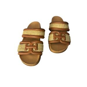 Sam Edelman Rowan Slide Womens 6 Footbed Sandal Dark Natural Weave/Rich Cognac